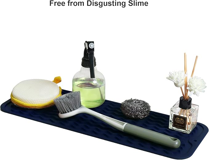 ZLR Silicone Sponge Holder & Sink Caddy Tray (6" x 17") - Narrow Dish Drying Mat for Kitchen Counter - Waterproof Soap Dispenser Organizer, Non-Slip Bathroom Vanity Tray (Midnight Blue)