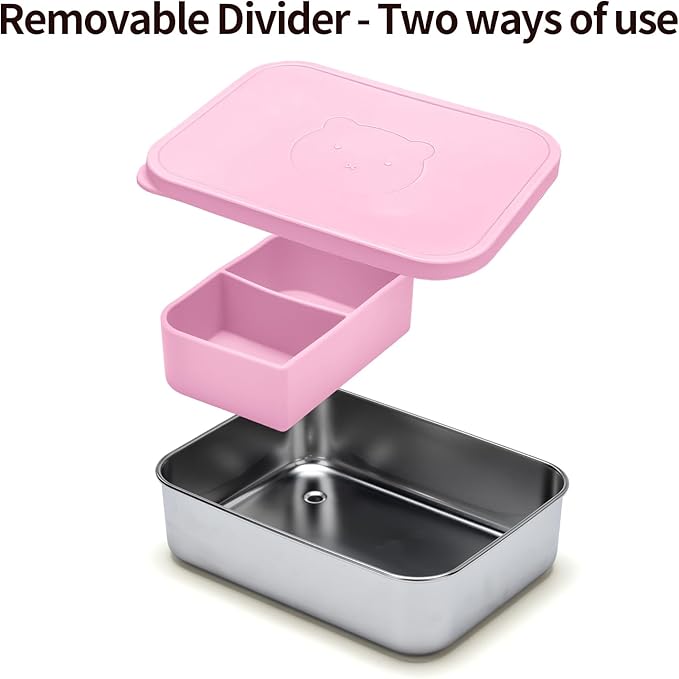 Stainless Steel Bento Box for Kids Adults, Toddler Lunch Box Containers with Silicone Lid,Removable 3 Compartment Design,Leakproof Snack Container, BPA Free, Dishwasher Safe-(1200ml,Pink)