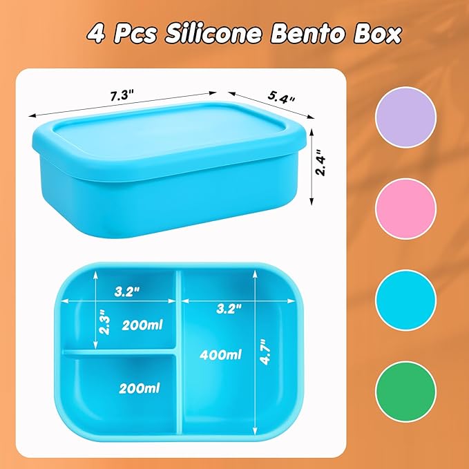 Layhit 4 Pcs Silicone Bento Box for Adults, 27 oz Bento Lunch Container Reusable 3 Compartment Lunchable Food Container for Women Men, Leak Proof Microwave Dishwasher Freezer Safe (Bright Colors)