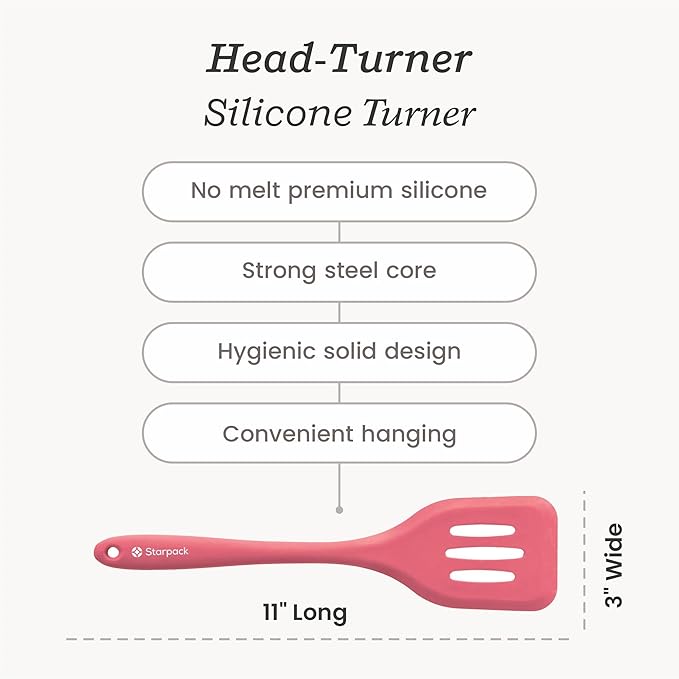 Starpack 'Head Turner' Premium Silicone Turner Spatula - Up to 600°F High Heat Resistant 10" Slotted Spatulas for Cooking - LFGB Grade Non-Stick Rubber Spatula with Solid Stainless Steel Core - Pink