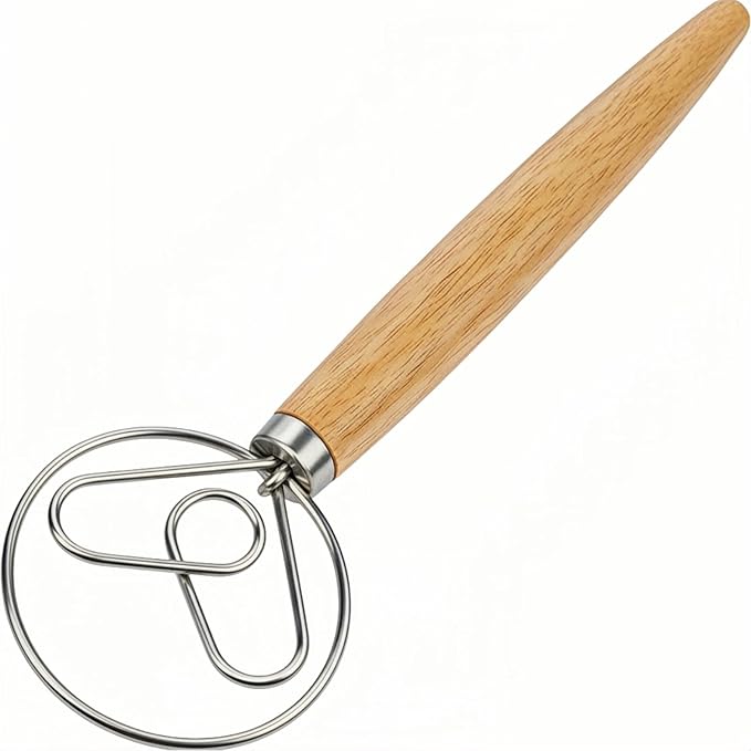 Danish Dough Whisk Stainless Steel Hook Dutch Bread Mixer for Sourdough Baking Hand Tool with Wooden Handle Making Blending Pastry Pizza Dough