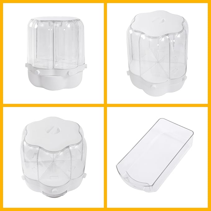 Cereal Dispenser, 6-grid 360° Rotating Grain Dispenser, 6 in 1 Sealed Clear Rice Dispenser, 12.5kg/27.56lbs Grain Storage Container, PP+PET Flower Shape Granular Dry Food Dispenser, 10.35*12.6in White