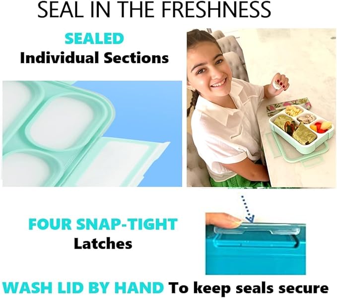 kinsho Leakproof Bento-Box Lunch-Boxes for Women, Kids. Large Green 4 Compartments and Mini Blue 3 Compartment Containers for Lunches Snacks School Travel, 2 pack set