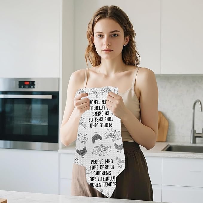 Jztco Funny Chicken Kitchen Towels 24x14 Inch, Chickens Gifts Reusable Absorbent Hand Tea Towel, Waffle Dish Towels for Kitchen Home Decor, Chicken Lover Gifts for Women Mom