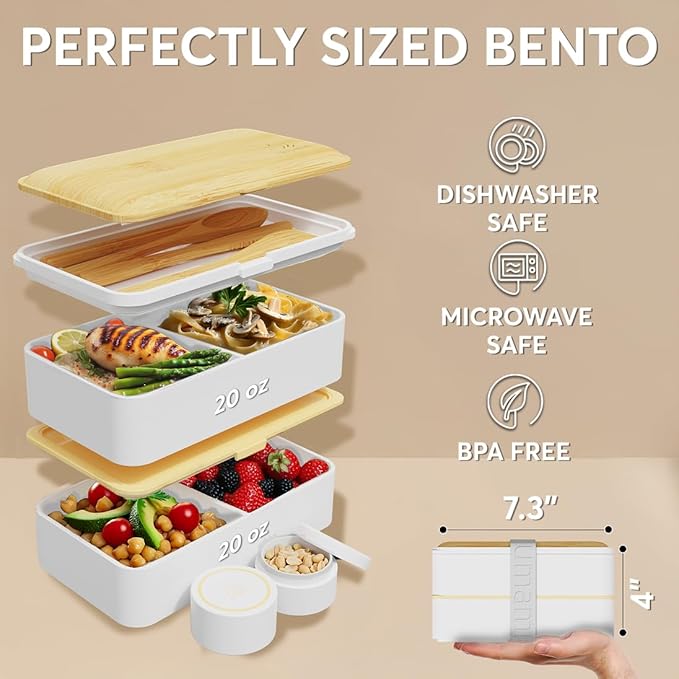 Umami Bento Box Adult All-In-1 w/4 Utensils, Big Sauce Jar, 2 Dividers, 100% Leakproof, Microwave & Dishwasher Safe, Stackable Bento Lunch Box Containers for Men/Women, White & Tan, 40 oz
