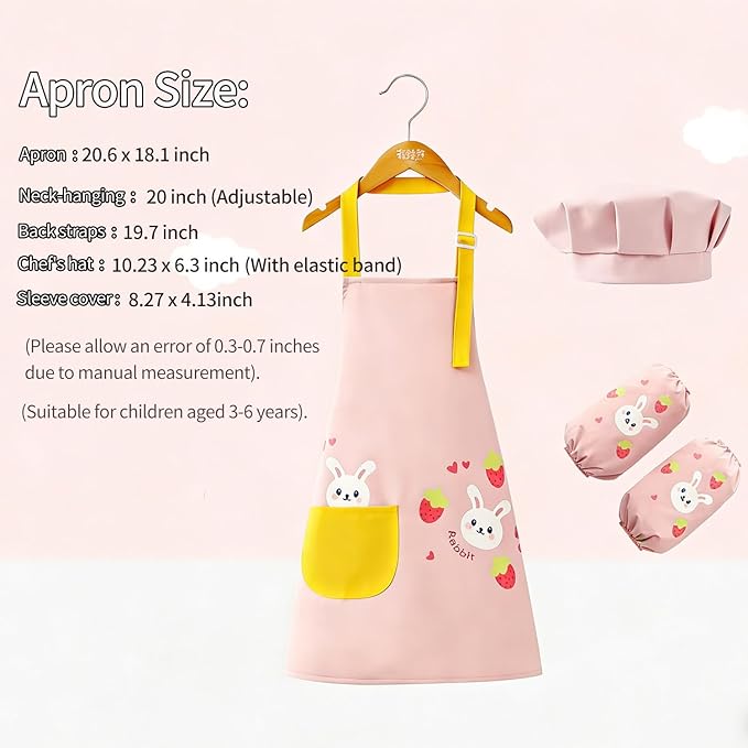 2-Piece Kids' Apron and Chef Hat Set, Adjustable with Pockets, for Children's Cooking, Baking, and Painting, Pink Floral Design for Boys and Girls Ages 3-6