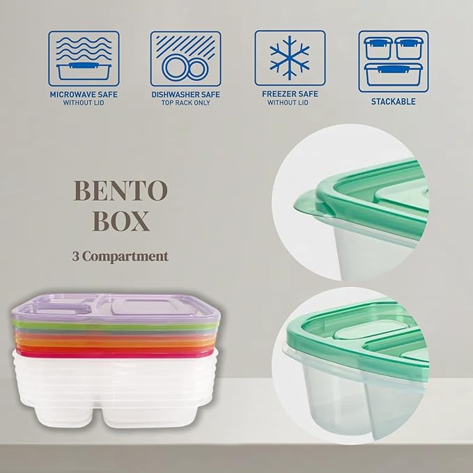 WEEK NINE Bento Lunch Boxes - Reusable 3-Compartment Food Containers for School, Work, and Travel, Set of 7