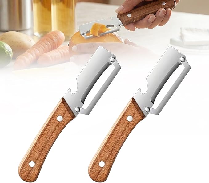 2026 Upgrade 2-in-1 Vegetable Peeler with Bottle Opener, Stainless Steel Peeler for Kitchen with Wooden Handle, Multifunctional Potato Peeler for Fruit Veggie Pumpkin Sugarcane Papaya Carrot (2pcs)