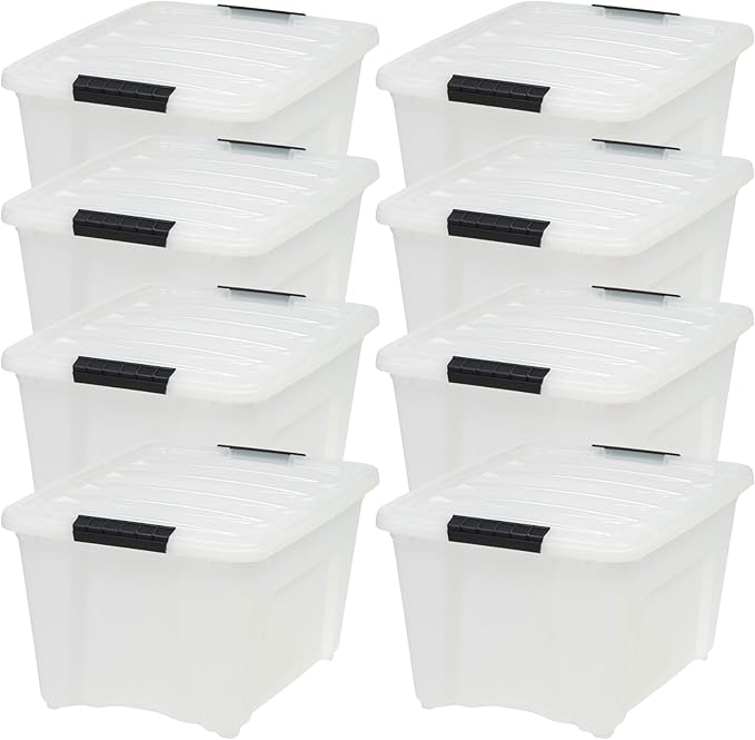 IRIS USA 8 Pack Stackable Storage Bin, 32 Quart Plastic Container Totes with Latching Lids for Home and Office Organization, Pearl
