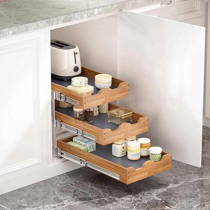 OCG Pull Out Cabinet Drawer 11" W x 21" D, 3 Tier Pull Out Cabinet Organizer, Heavy-Duty Slide Out Drawer for Cabinets, Base Cabinet Organization for Kitchen, Pantry, Bathroom