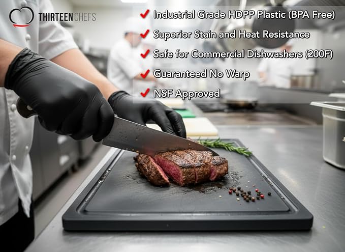 Thirteen Chefs Black Cutting Board with Juice Groove - Large 18 x 12 Inch for Meat, Grilling, BBQ and Carving, Restaurant Grade HDPE 1/2" Thick Plastic