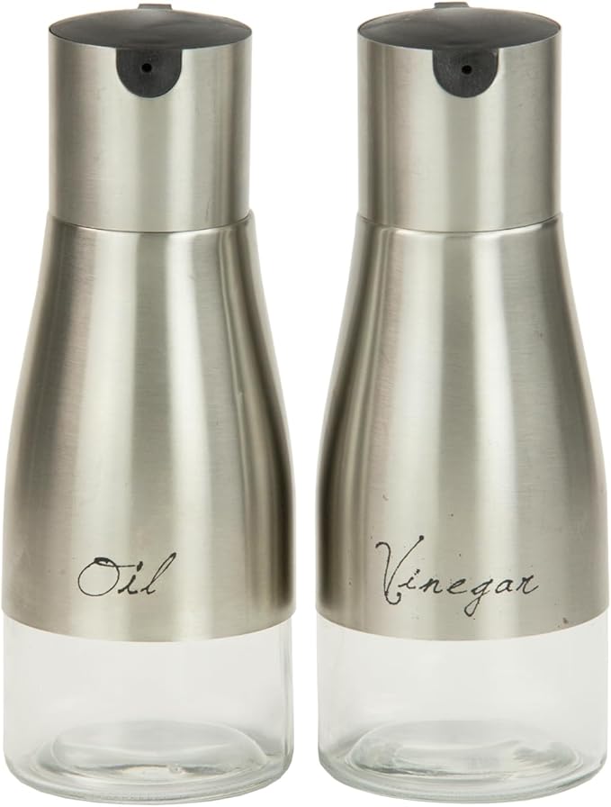 Oil and Vinegar Dispenser Set by Home Basics | Brushed Stainless Steel & Glass Containers with Anti-Drip Spout Lid | Easy Refill with Screw Tops | Labeling in Script "Oil" & "Vinegar"