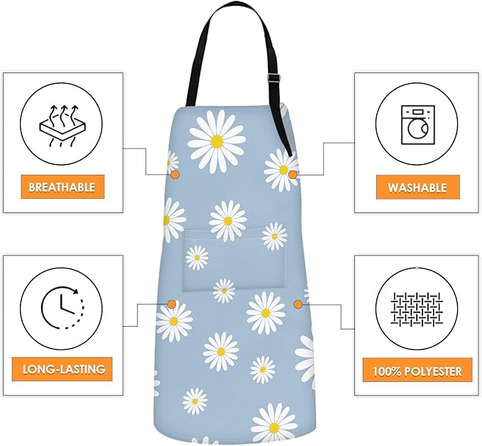 Britimes Apron Home Kitchen Cooking Baking Gardening for Women Men With Pockets Daisies Blue Daisy Flower Sky 32x28 inch