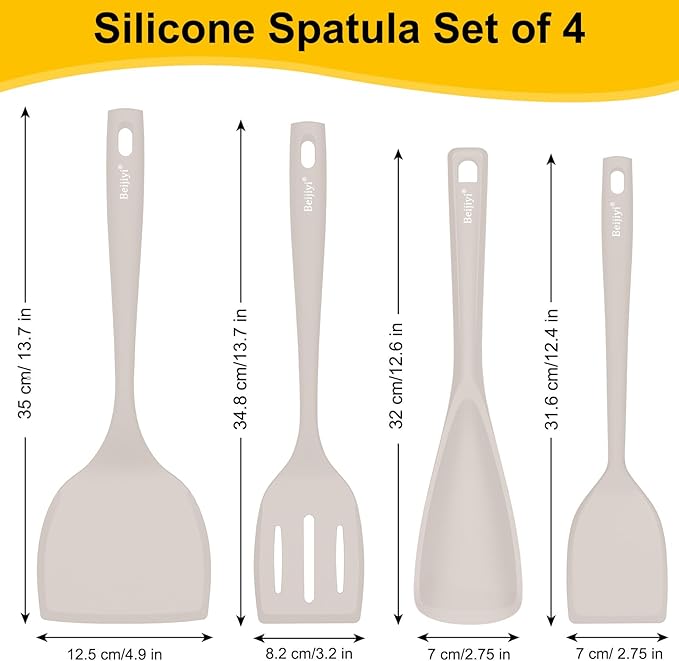 Beijiyi Silicone Spatula Set of 4, 600°F Heat Resistant, BPA Free Kitchen Spatula and Spoons for Nonstick Cookware, Solid & Slotted Turner Cooking Utensils for Serving, Flipping Egg, Pancakes (Khaki)