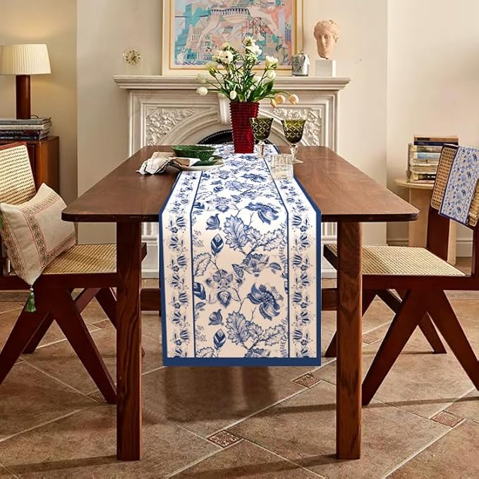 WRAPAHOLIC Blue Floral Table Runner - 13 x 48 Inch - Seasonal Spring Summer Farmhouse Indoor Kitchen Anniversary Wedding Dining Table Decorations for Home Party