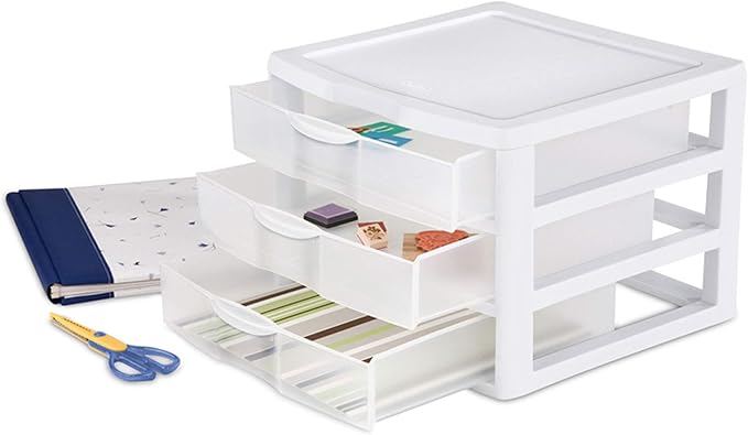 Tribello 3 Drawer Plastic Storage, Mini Drawer Unit, White Frame With Clear Drawers for Craft Storage - 10"L X 7.5"W X 8"H Inches - (2 Pack)