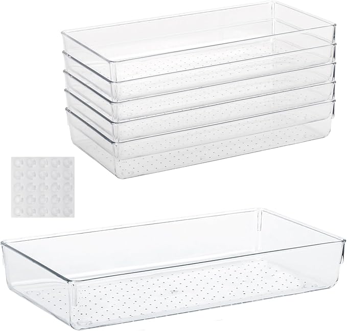 Ohlove 6Pcs Clear Plastic Drawer Organizers Tray 12" x 6.2" Storage Bins with 25Pcs Non-Slip Pads for Makeup, Jewelries, Kitchen Utensils, Bathroom and Office