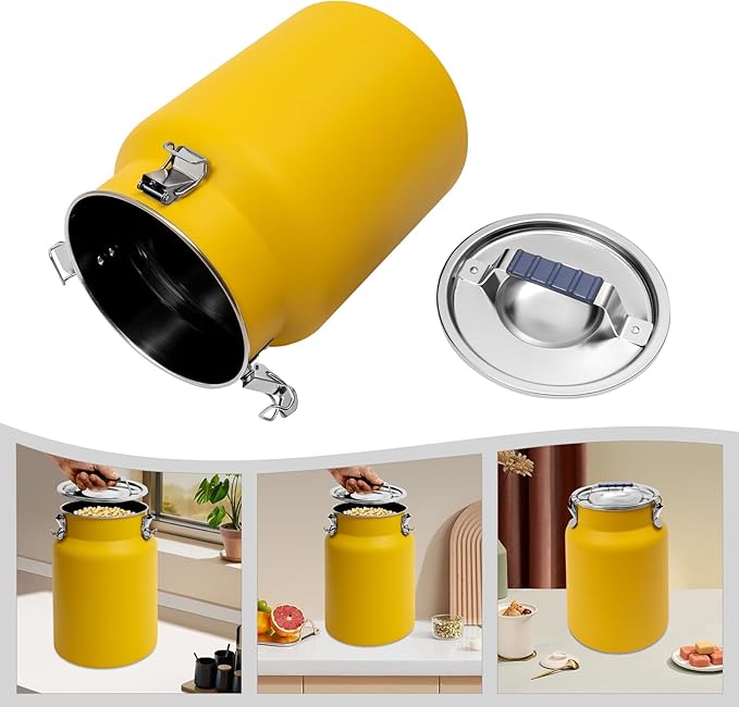 12L Stainless Steel Milk Jug with Sealed Lid and Thick Handle, 7.28in Milk Bucket, Rice Cereal Grain Storage Container for Storing Oil, Ghee, Wine, Tea, Grain, Nut, Snack, Pet Food (Yellow)