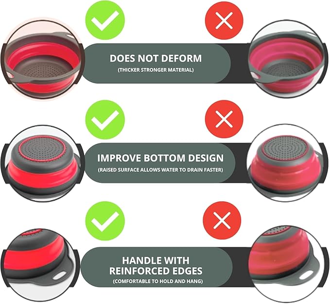 Red Round Silicone Collapsible Colander – Silicone Round Kitchen Strainers with Plastic Handles Foldable Kitchen Strainer Small Perfect for Draining Pasta Vegetable and Fruit