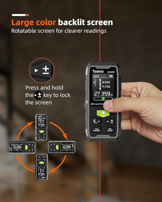 Tadeto Dual Laser Measuring Tool, 393FT/120M Bilateral Laser Measurement Tool Backlit LCD Display, Rechargeable Laser Measure with Ft/in/M Multiple Units Length/Area/Volume/Angle