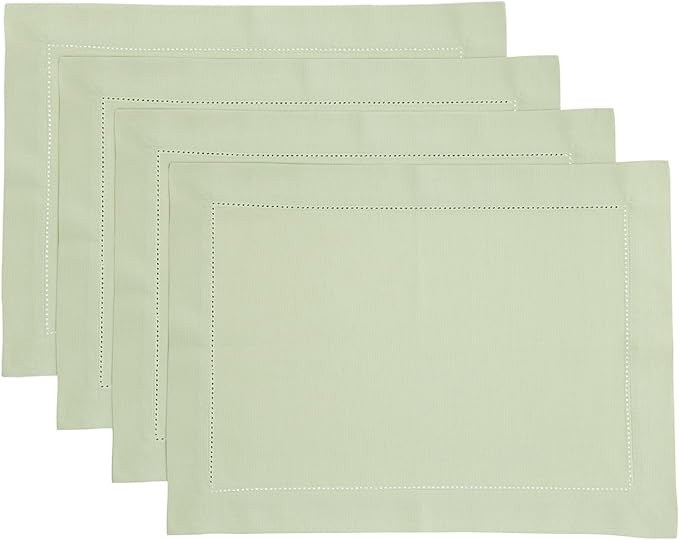 Solino Home Sage Placemats Set of 4 - Cotton Linen Hemstitch Placemats 14 x 19 Inch for Spring, Summer, Mothers Day