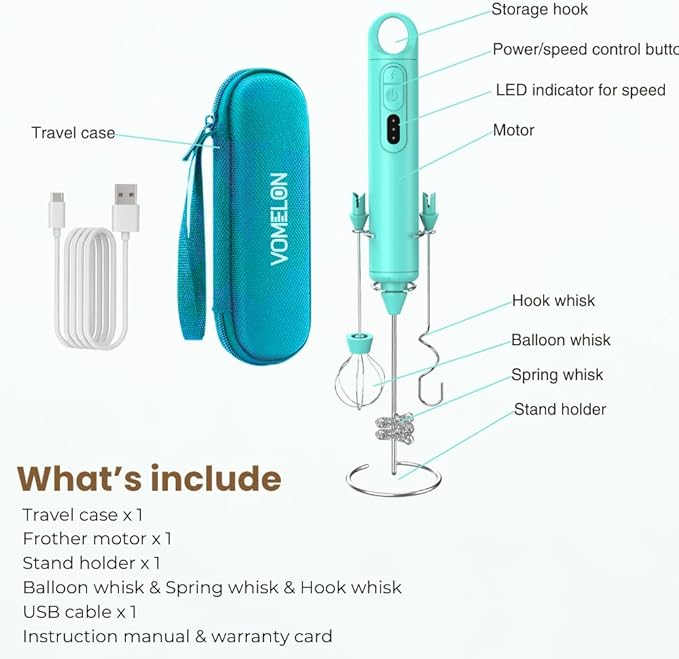 Rechargeable Milk Frother Handheld 3 Speed Coffee Foamer [3 Whisk] Electric Drink Mixer for Latte, Cappuccino, Coffee, Eggs, Hot Chocolate, Mint