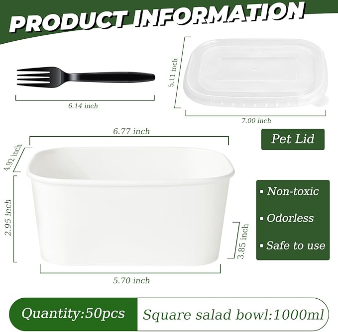 DI QIU REN 50-Pack 35oz Disposable Meal Prep Containers with Lids & Forks, Kraft Paper Bowls To Go Take Out Food Containers with Lids, Microwave & Freezer Safe (White Kraft Paper, 35oz 50 Count)