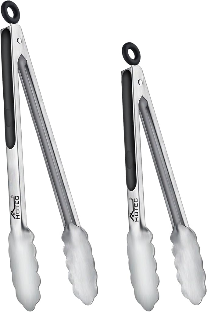 Hotec Stainless Steel Kitchen Tongs, Set of 2-9" and 12", Locking Metal Food Tongs for Cooking, Serving, BBQ, Grill Non-Slip Grip