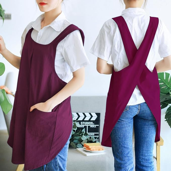 NEWGEM Japanese Cotton Linen Cross Back Cooking Apron for Women Men with Pockets Cute for Baking Kitchen