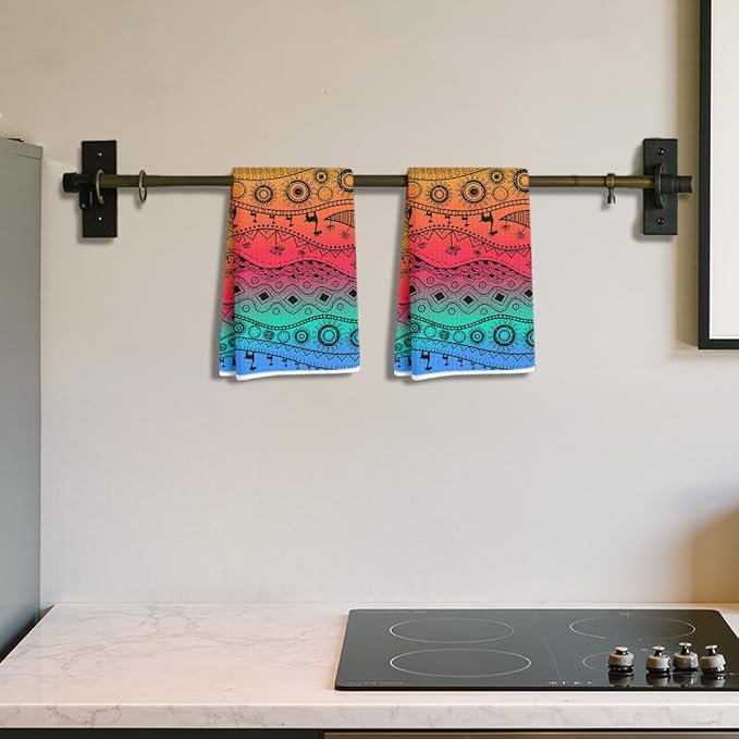 2 Pcs Colorful Boho Kitchen Towels, Soft Absorbent Tea Hand Towel, Microfiber Dish Cloths for Drying Dishes, Waffle Dish Towels for Kitchen Bathroom Home Decor, Housewarming Gifts for Women Mom