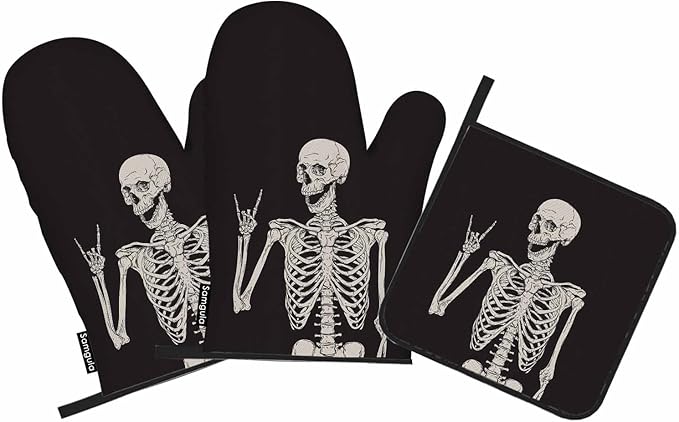 Human Skeleton Oven Mitts and Pot Holders Sets Funny Pose Happy Face Heat Resistant 3pcs for Cooking Baking BBQ
