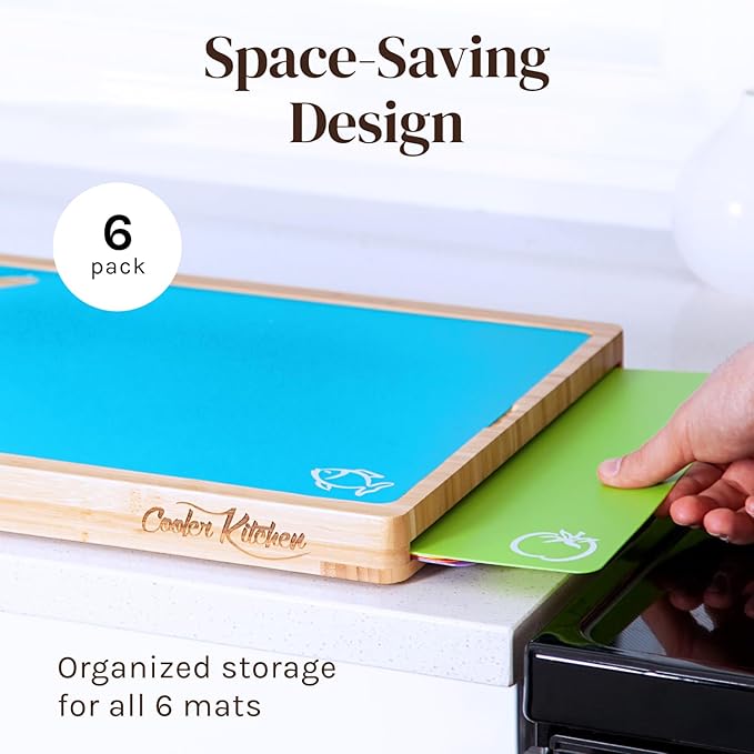 Cooler Kitchen Personalized Cutting Board Set - Custom Engraved Bamboo Charcuterie Board Set with 6 Color-Coded Mats — Engagement Gift, Wedding Gift, Housewarming Gift for Couples & Newlyweds - Large