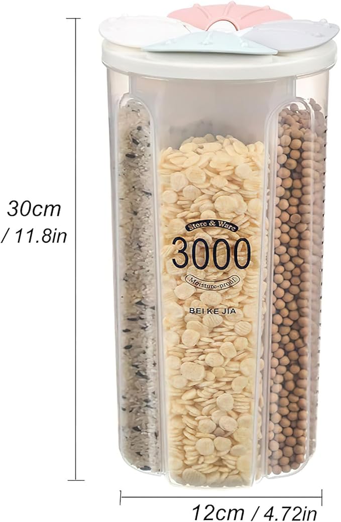 Airtight Kitchen Food Storage Container, Leak-Proof BPA Free Plastic Plastic Dry Cereal Dispensers Containers with Durable Lids for Flour, Sugar, Rice (3000ml 4 Color-4 Grid)