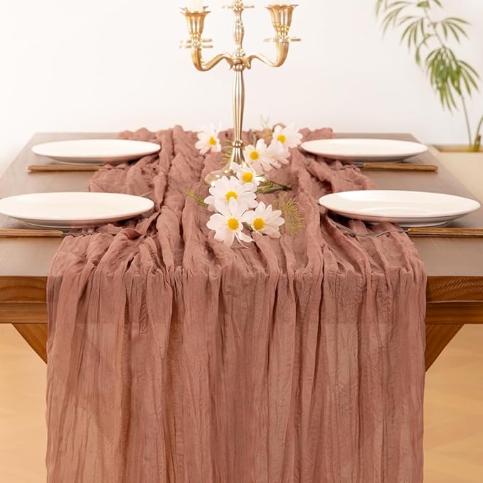 Socomi 6pcs Dusty Rose Easter Spring Cheesecloth Table Runner Boho Rustic Gauze 120 inch 10FT Cheese Cloth Runner for Wedding Party Baby Shower Birthday Home Decor Holiday Decorations