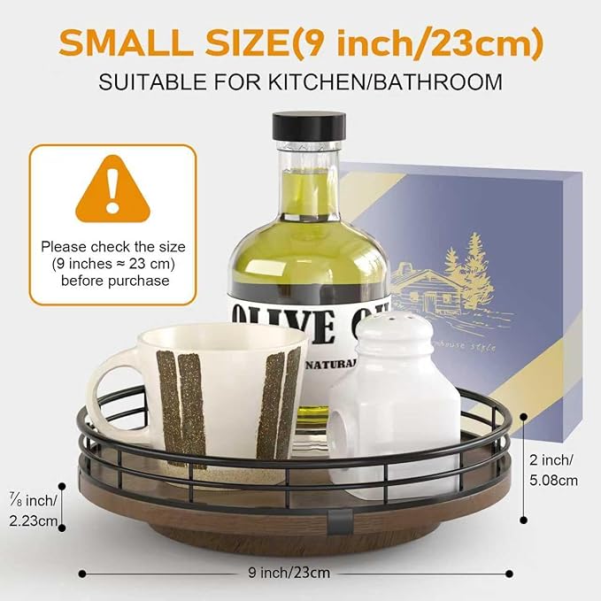 Farmhouse Oak 9" Lazy Susan Turntable Organizer for Cabinet, Round Wooden Lazy Susan Organization and Storage for Dining Table, Pantry, Kitchen, Countertop, Cupboard,Home Decor, Walnut Wood