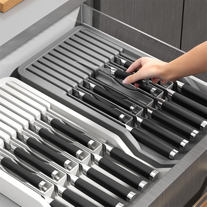 RIIPOO Expandable Knife Organizer for Drawer - Retractable and Adjustable Knife Block Holder Insert, Secure Storage Tray for Kitchen Countertop Organization