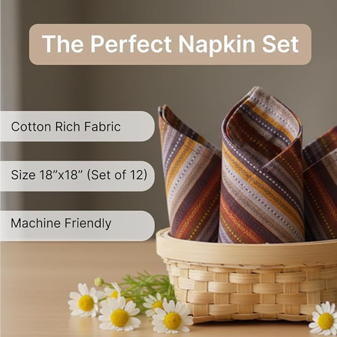 LFH Home Cotton Rich Cloth Salsa Napkin Set of 12 Washable Soft Durable Striped Table Napkins for Dining Wedding, Daily Use Reusable Eco-Friendly Napkins for Elegant Table Settings(18x18)-Rust Multi