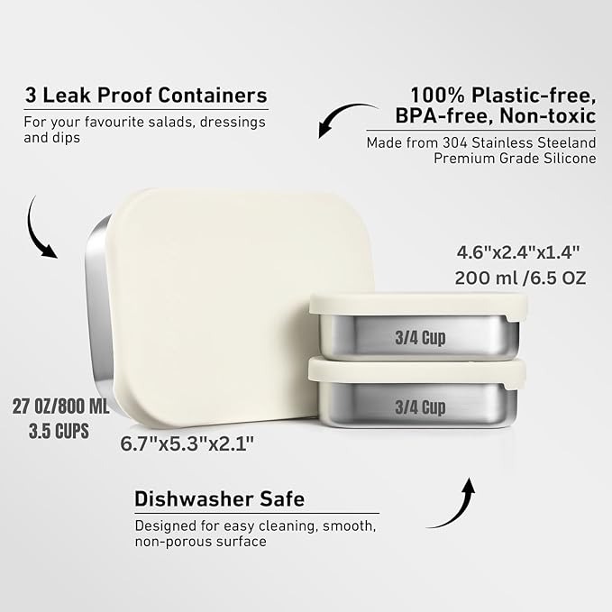 Modaniam Stainless Steel Lunch Box Containers, 27 OZ, Stainless Steel Bento Box, Metal Lunch Box, Sandwich & Snack Containers, Leak Proof SIlicone Lids, Korean Style,Small Vanilla