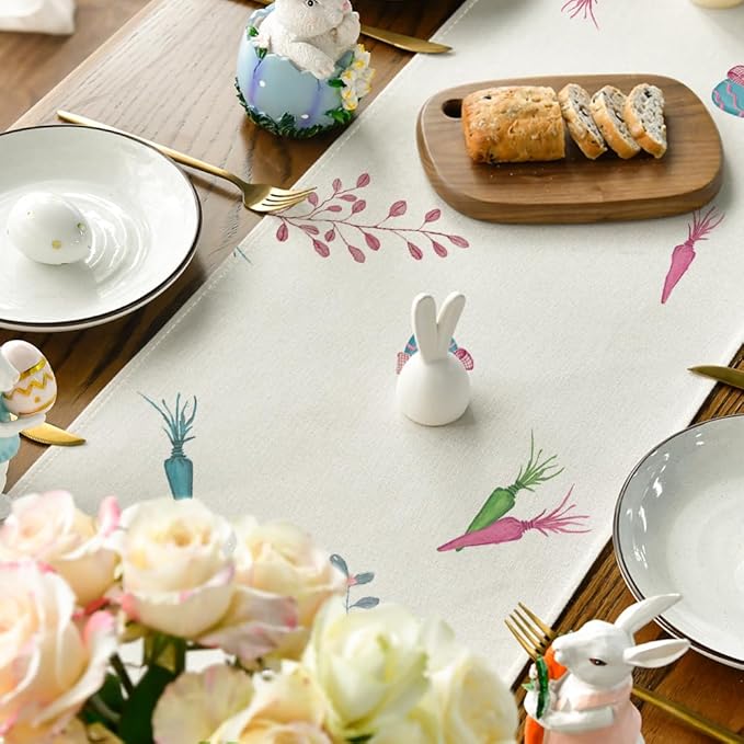 Artoid Mode Green Blue Pink Rabbit Bunny Happy Easter Table Runner, Seasonal Holiday Kitchen Dining Table Decoration for Home Party Decor 13 x 36 Inch