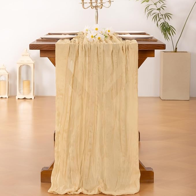 Socomi Gold Champagne Cheesecloth Table Runner Easter Spring Boho Rustic Gauze 120 inch 10FT Cheese Cloth Runner for Wedding Party Baby Shower Birthday Home Decor Holiday Decorations