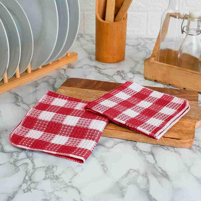 Blue Needles Set of 8 Waffle Weave Check Plaid Dish Cloths, 12x12 Inches 100% Cotton Dish Towels for Kitchen, Ultra Soft & Absorbent Kitchen Towels for Quick Drying Spring Summer - Burgundy & White