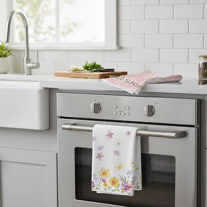Spring Floral Kitchen Towels Set of 4 – 16×24 Inch Cute Watercolor Wildflower Butterfly Dish Towels, Soft Absorbent Hand Towels, Pink Spring Decor, Housewarming & Birthday Gift for Women