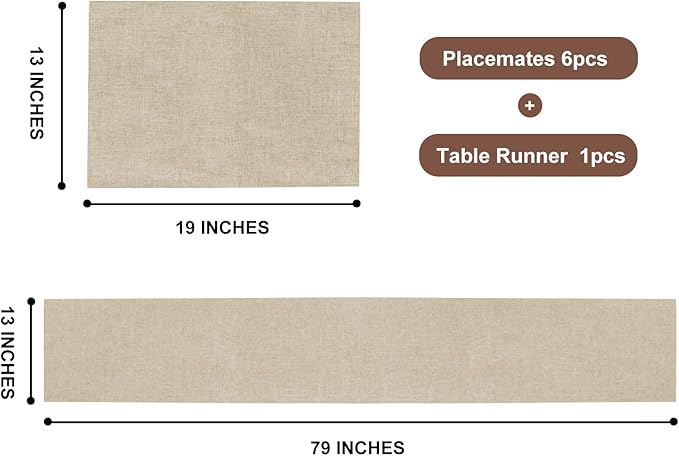 Linen Table Runner and Placemats Set of 6, Farmhouse Style Tabletop Collection, Thick Double Layer Heat-resistand Table Mats for Kitchen, Dining, Holiday Party by Auscmu TC/ Cream