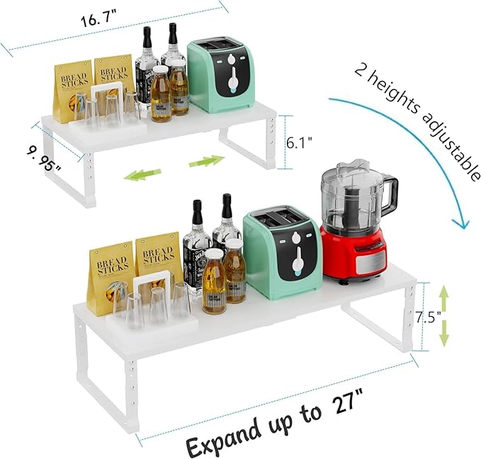 Jojocross Expandable Cabinet Shelf Organizer Storage Spice Rack Shelves for Kitchen Stackable Adjustable Pantry Cupboard Bathroom Countertop Desktop(2Packs/White/Large)