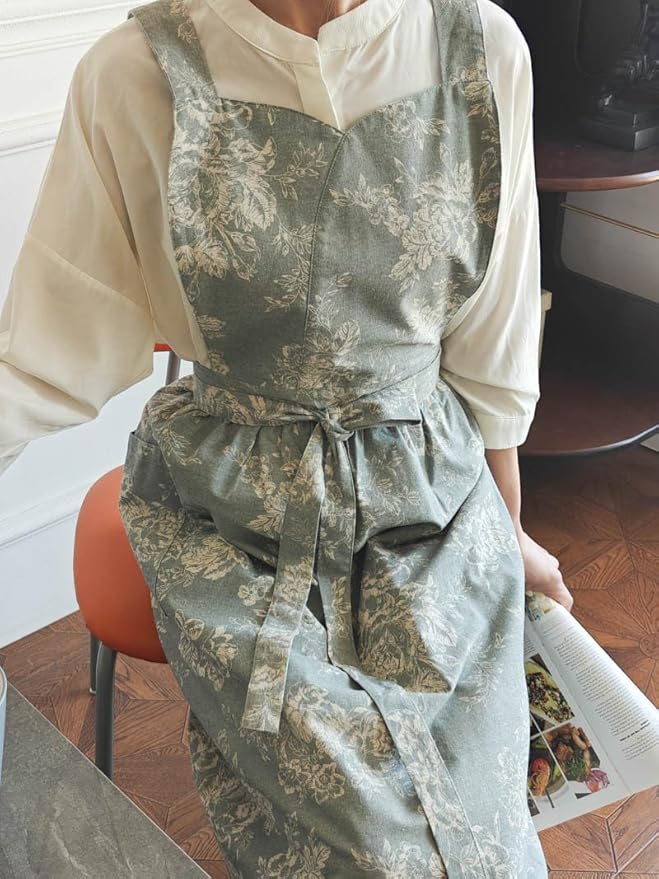 Adult Kitchen Apron Floral Cotton Waterproof Adjustable Apron Cooking Baking Garden Chef Apron with Pocket