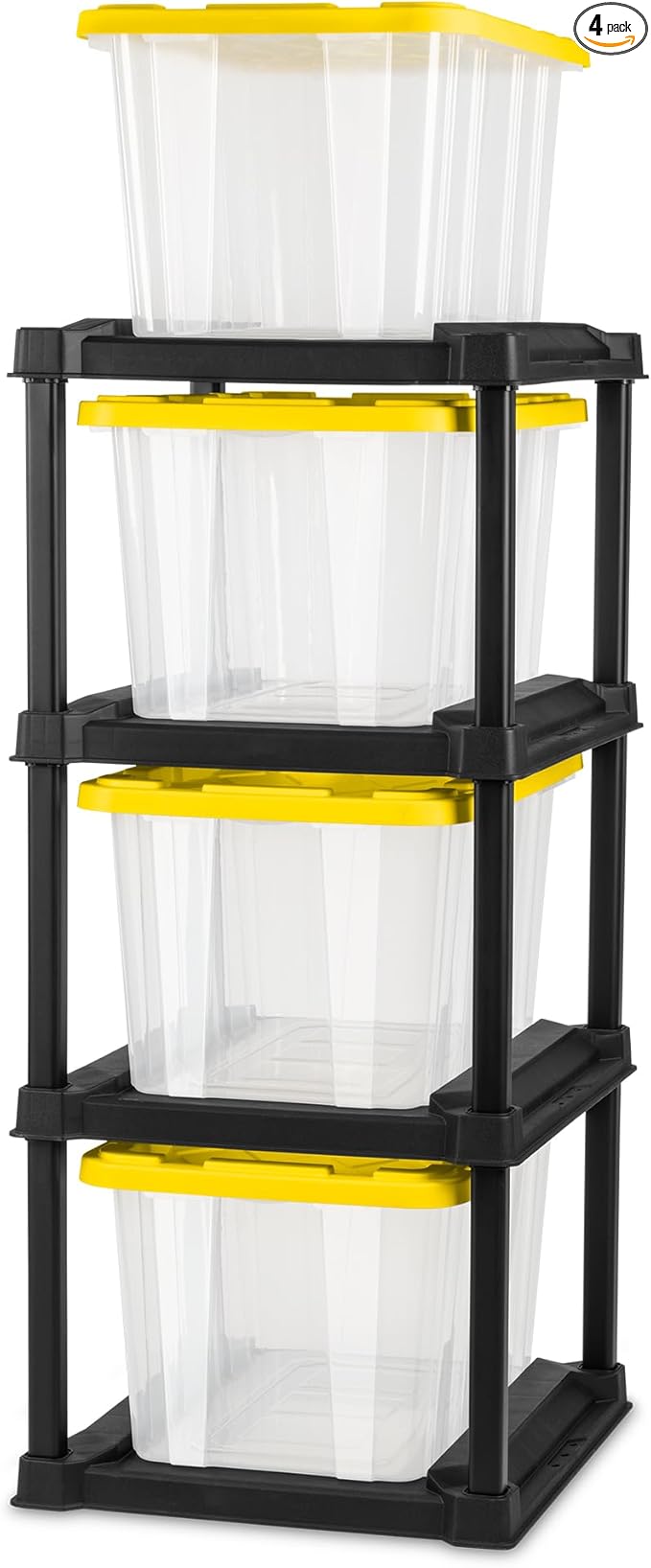 Sterilite 4 Tier Tote Rack, Vertical Plastic Organizer with 4 Pack 27 Gallon Industrial Storage Totes, Clear - for Garages, Workshops, or Basements