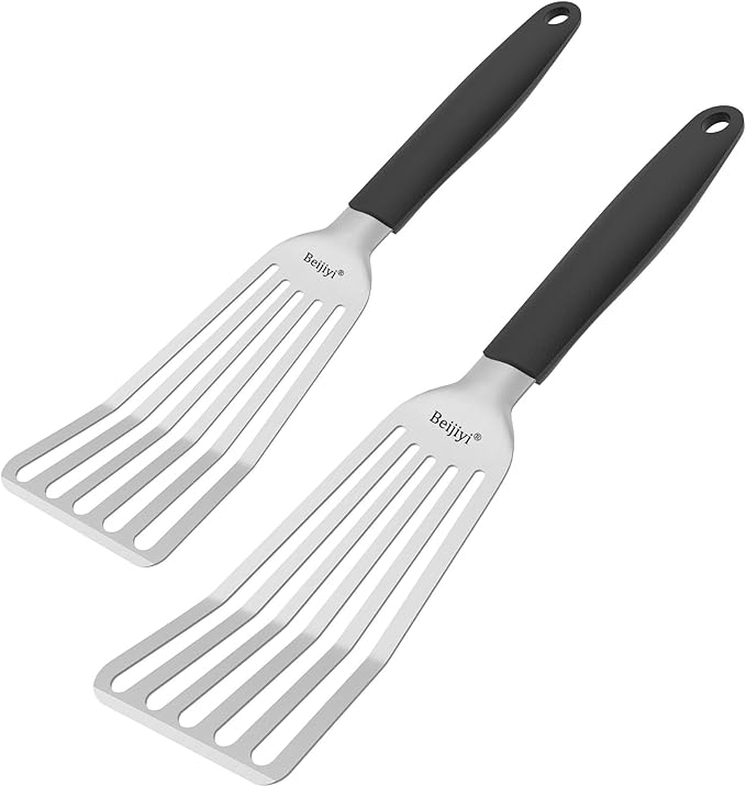 Beijiyi 2 Pack Fish Spatula, 13.5" & 11.7", Stainless Steel Slotted Turner, Full Tang Silicone Handle, Metal Spatulas for Kitchen Flipping Fish, Burger & Grilling, Dishwasher Safe
