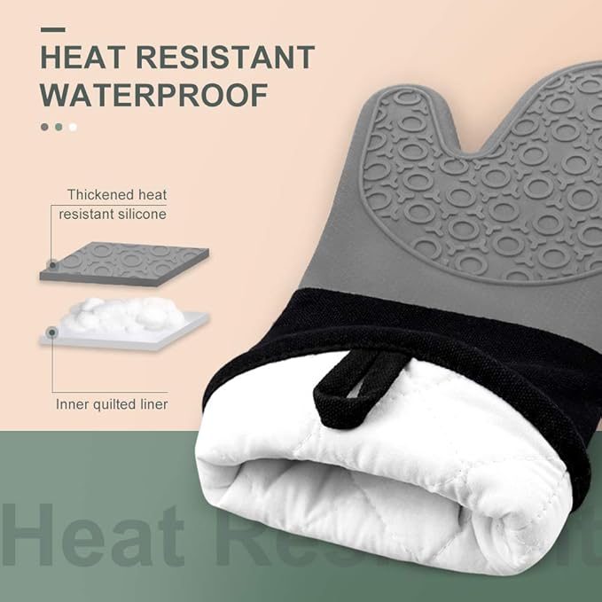 sungwoo 6pcs Silicone Oven Mitts and Pot Holders Sets, 14.6 Inch Heat Resistant Oven Gloves with Quilted Liner Non-Slip Textured Grip Perfect for BBQ, Baking, Cooking and Grilling Grey