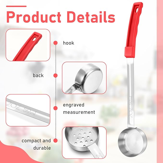 Teenyyou 8 Pcs Portion Control Serving Spoons Portion Scoops Cups Solid and Slotted Stainless Steel Ladle Spoon for Food, Serving Utensils Set for Parties(Red,2 oz)