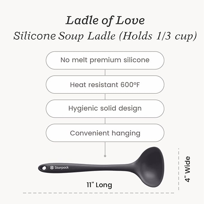 Starpack 'Ladle of Love' Premium Silicone Soup Ladle - High Heat Resistant to 600F - Non-Stick, LFGB Grade